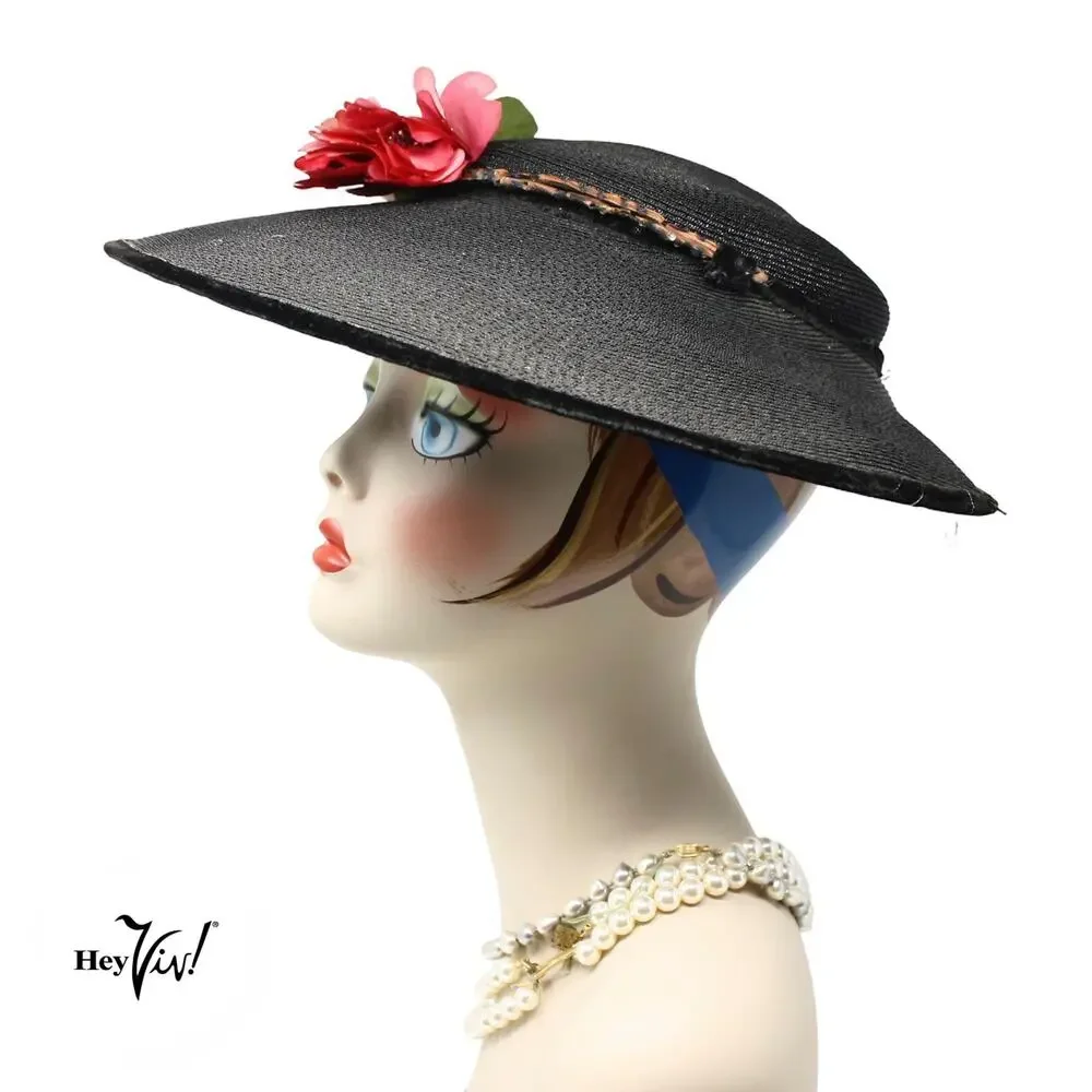 Vintage 1940s Black Wide Brim Platter Tilt Hat Floral Statement Style - Hey Viv